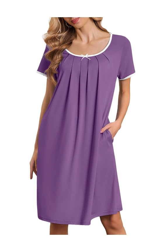 Moo Moos for Women Short Sleeve House Dresses with Pockets Pleated Mumu Dress Soft Nightgowns