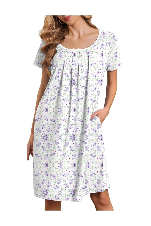 Moo Moos for Women Short Sleeve House Dresses with Pockets Pleated Mumu Dress Soft Nightgowns