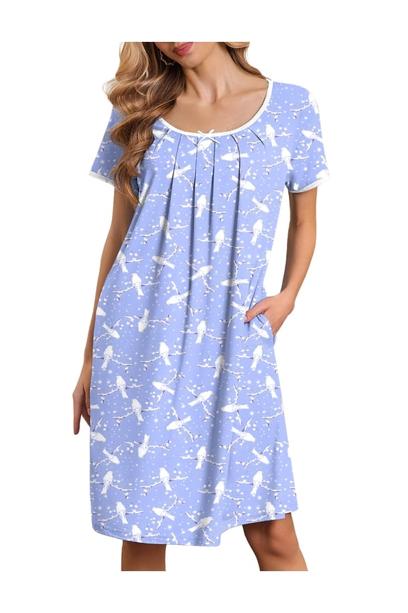 Moo Moos for Women Short Sleeve House Dresses with Pockets Pleated Mumu Dress Soft Nightgowns