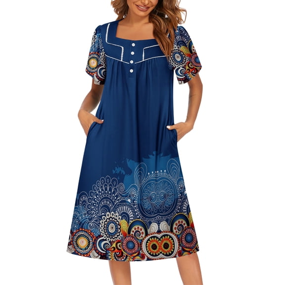 Ekouaer Moo Moos for Women Soft House Dress Long Nightgown Pleated Sleep Dress Knee Length Sleepwear