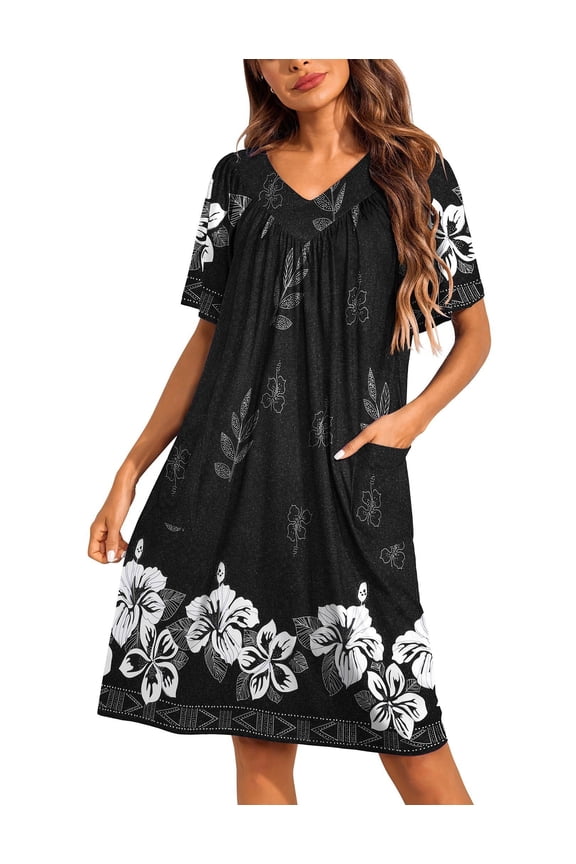 Moo Moos for Wommen Floral Print House Dress with Pockets Nightgown Mumu Dresses
