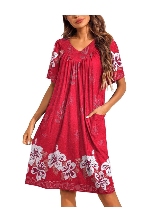 Moo Moos for Wommen Floral Print House Dress with Pockets Nightgown Mumu Dresses