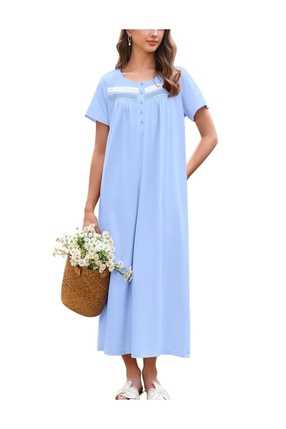 Nightgown for Women Cotton Long Night Gown Short Sleeve Nightdress with Pockets Button Sleepshirt Soft Sleepwear