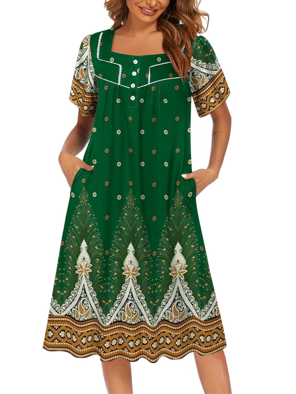 Nightgown for Women Hawaiian Muumuu House Dress Print Lounger Patio Dress with Pockets Moomoo