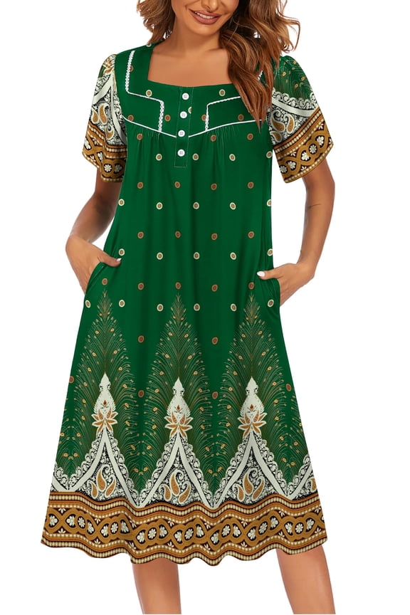 Nightgown for Women Hawaiian Muumuu House Dress Print Lounger Patio Dress with Pockets Moomoo