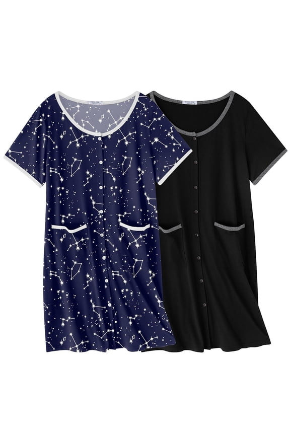 Nightgowns for Women 2 Pack Button Down Sleep Shirts Short Sleeve Nightshirt Sleepwear House Dress with Pockets