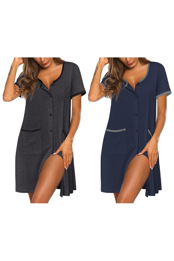 Nightgowns for Women 2 Pack Button Down Sleep Shirts Short Sleeve Nightshirt Sleepwear House Dress with Pockets