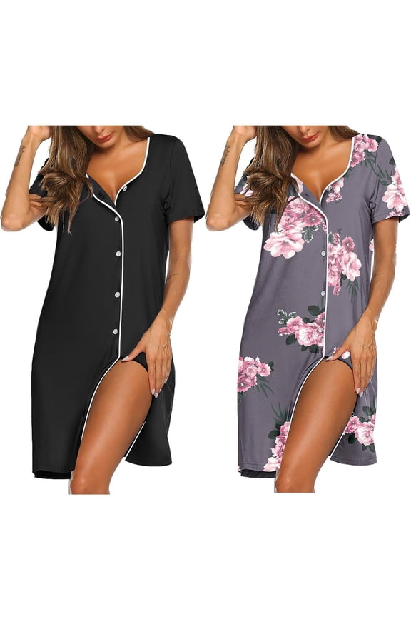 Nightgowns for Women 2 Pack Button Down Sleepshirt Short Sleeve Nightshirt Soft Sleepwear V Neck Pajama Dress