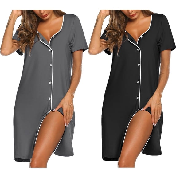 Ekouaer Nightgowns for Women 2 Pack Button Down Sleepshirt Short Sleeve Nightshirt Soft Sleepwear V Neck Pajama Dress