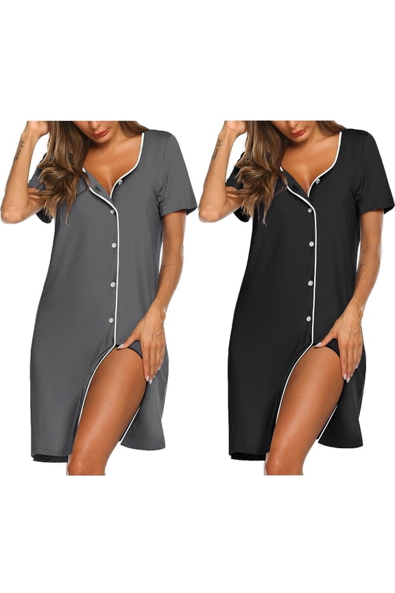 Nightgowns for Women 2 Pack Button Down Sleepshirt Short Sleeve Nightshirt Soft Sleepwear V Neck Pajama Dress