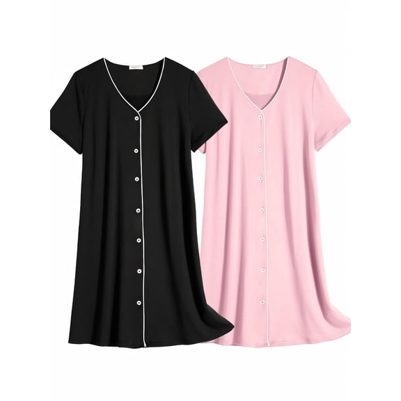 Ekouaer Nightgowns for Women 2 Pack Button Down Sleepshirt Short Sleeve Nightshirt Soft Sleepwear V Neck Pajama Dress