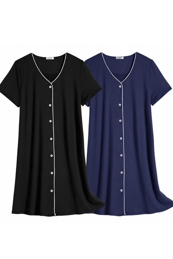 Nightgowns for Women 2 Pack Button Down Sleepshirt Short Sleeve Nightshirt Soft Sleepwear V Neck Pajama Dress
