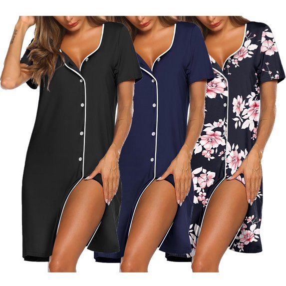 Ekouaer Nightgowns for Women 2 Pack Button Down Sleepshirt Short Sleeve Nightshirt Soft Sleepwear V Neck Pajama