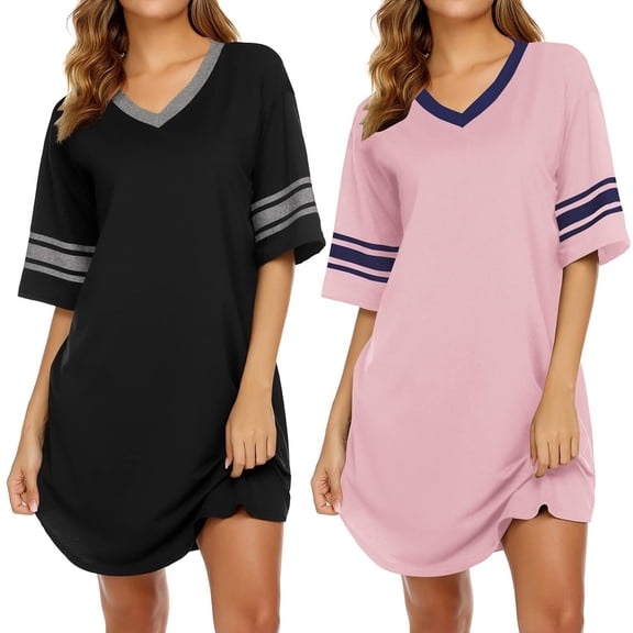 Ekouaer Nightgowns for Women 2 Pack Sleepshirts Short Sleeve Nightshirt V Neck Sleepwear Casual Pajama Dress