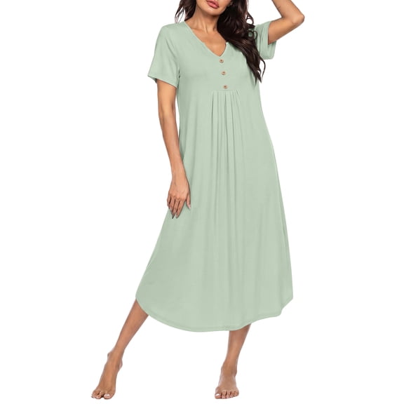 Ekouaer Nightgowns for Women Bamboo Viscose Long Night Gown Short Sleeve Moo Moos V Neck Sleep Shirts Pleated House Dress