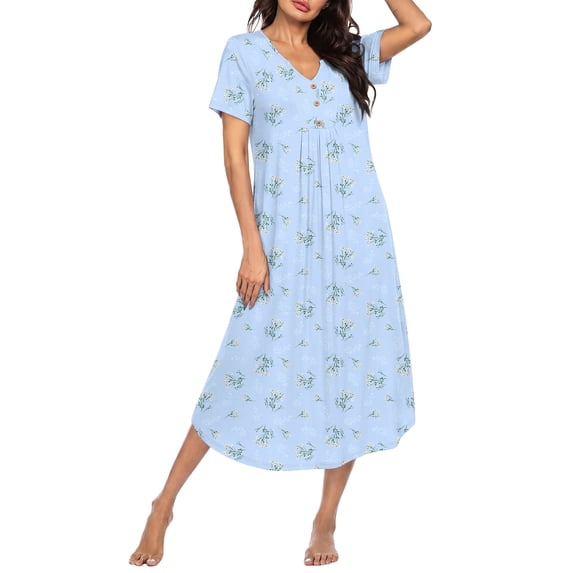 Ekouaer Nightgowns for Women Bamboo Viscose Long Night Gown Short Sleeve Moo Moos V Neck Sleep Shirts Pleated House Dress