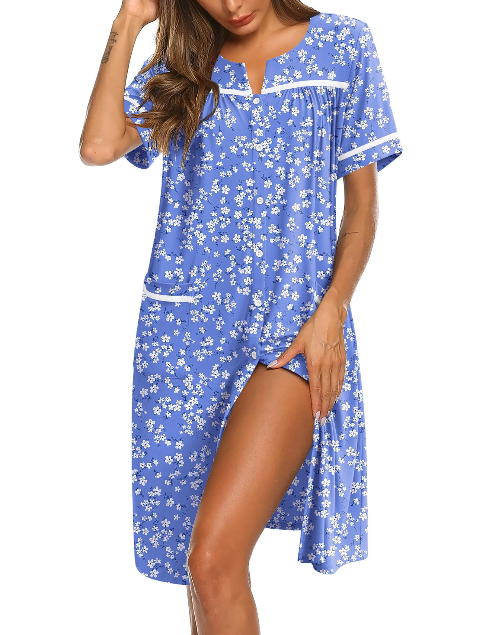 Ekouaer Nightgowns for Women Cotton House Dress with Pockets Button ...