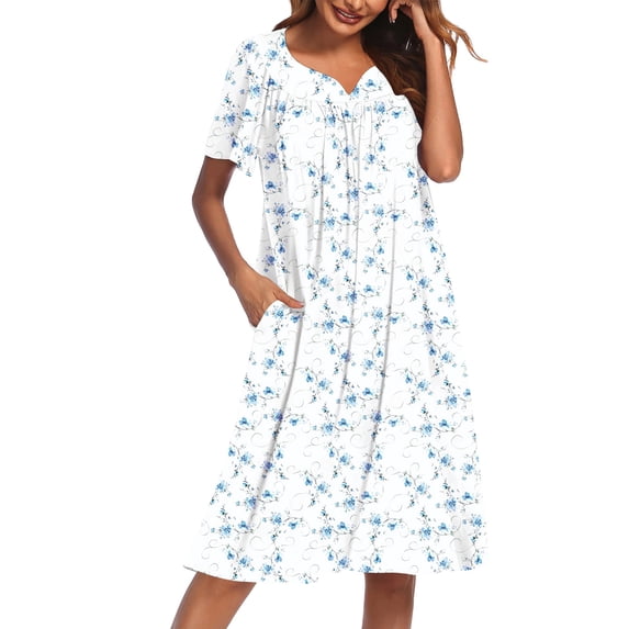 Ekouaer Nightgowns for Women Cotton House Dress with Pockets Short Sleeve Mumu Dress Embroidered Lounge Dress