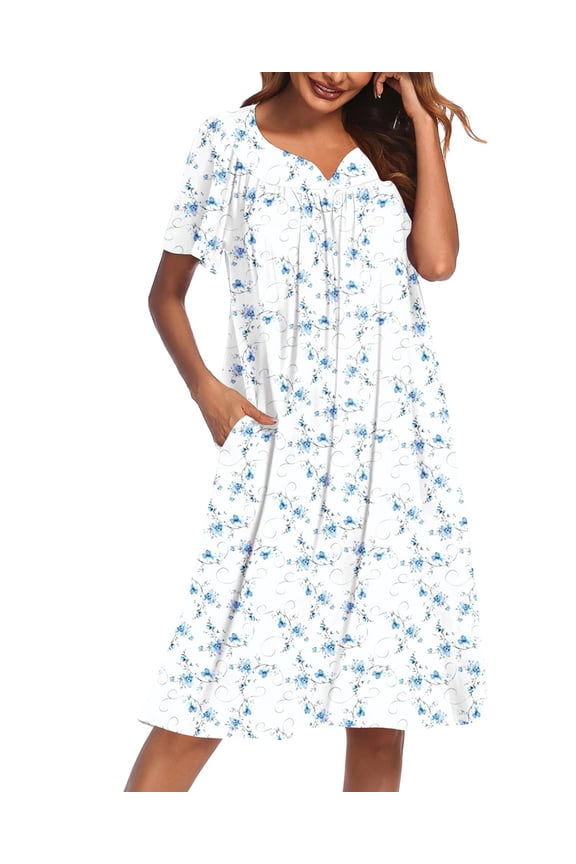 Nightgowns for Women Cotton House Dress with Pockets Short Sleeve Mumu Dress Embroidered Lounge Dress