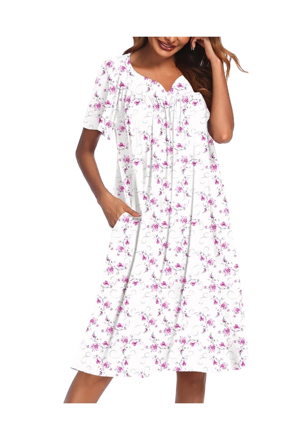 Nightgowns for Women Cotton House Dress with Pockets Short Sleeve Mumu Dress Embroidered Lounge Dress