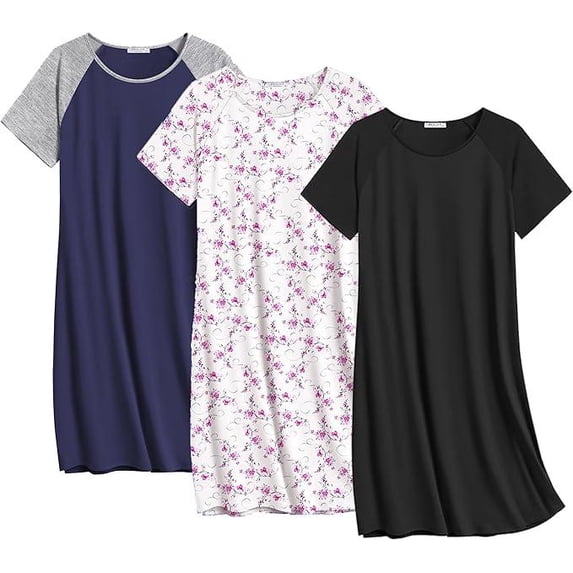 Ekouaer Nightgowns for Women Cotton Night Gown 3 Pack Sleep Shirts Short Sleeve Nightshirt Soft Sleepwear Nightdress