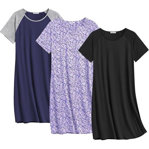 Ekouaer Nightgowns for Women Cotton Night Gown 3 Pack Sleep Shirts Short Sleeve Nightshirt Soft Sleepwear Nightdress