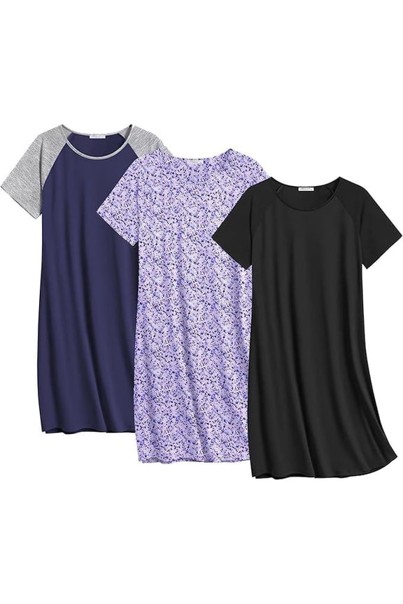 Nightgowns for Women Cotton Night Gown 3 Pack Sleep Shirts Short Sleeve Nightshirt Soft Sleepwear Nightdress