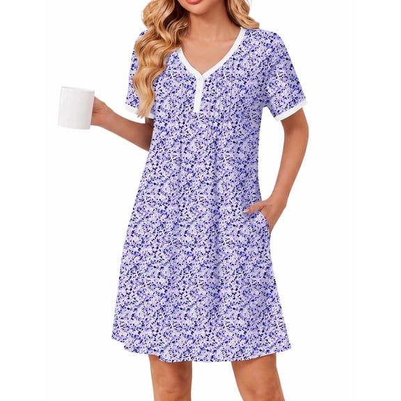Ekouaer Nightgowns for Women Cotton Night Gowns Short Sleeve Moo Moos Button House Dress V Neck Sleepshirts Soft Sleepwear