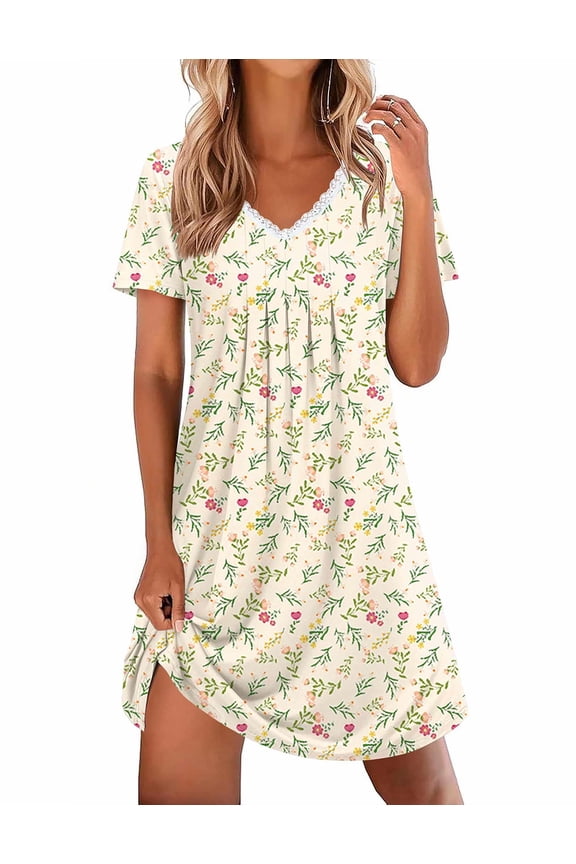 Nightgowns for Women Cotton Night Gowns Short Sleeve Pleated Sleep Shirts Lace Trim Moo Moos Ladies Sleepwear
