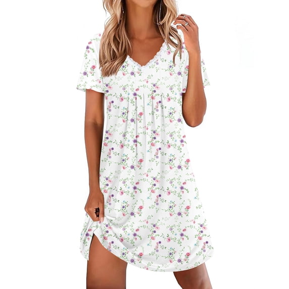 Ekouaer Nightgowns for Women Cotton Night Gowns Short Sleeve Pleated Sleep Shirts Lace Trim Moo Moos Ladies Sleepwear