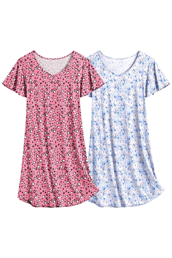 Nightgowns for Women Cute Night Gown Soft Short Sleeve Nightshirt 2 Pack Pajama Dress Leopard+Butterfly