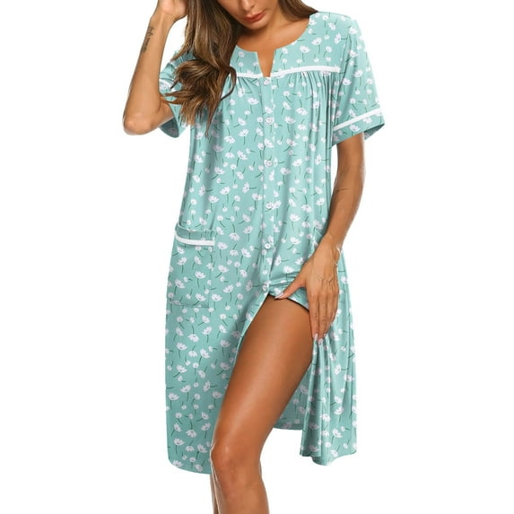 Ekouaer Nightgowns for Women House Dress with Pockets Button Down Sleepshirt Short Sleeve Nightshirt Housecoat