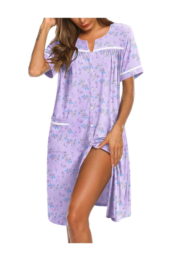 Nightgowns for Women House Dress with Pockets Button Down Sleepshirt Short Sleeve Nightshirt Housecoat