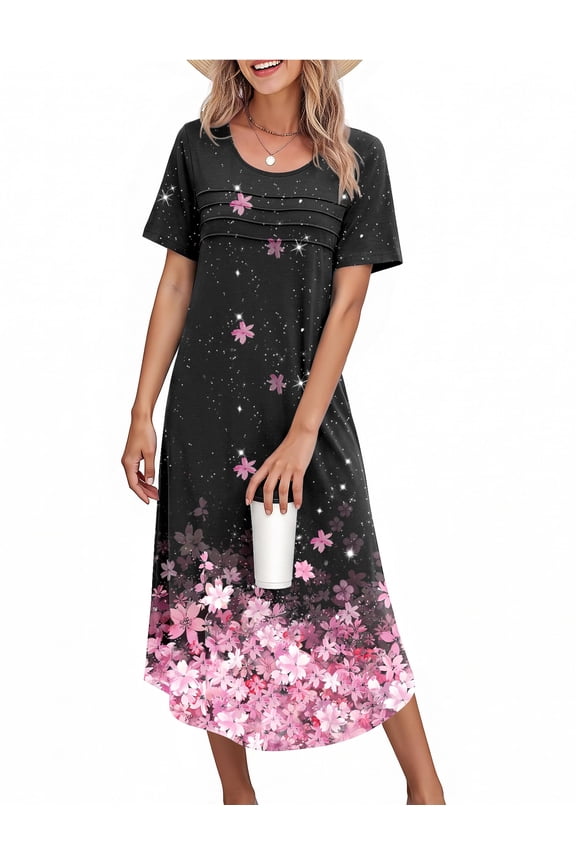 Nightgowns for Women Long Night Gown Pleated Moo Moos Short Sleeve House Dress Plus Size Lounge Dress