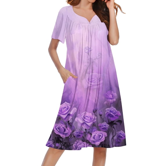 Ekouaer Nightgowns for Women Short Sleeve House Dress with Pockets Soft Moomoo Pleated Mumu Dresses V Neck Sleepwear