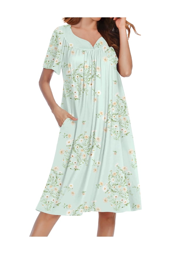 Nightgowns for Women Short Sleeve House Dress with Pockets Soft Moomoo Pleated Mumu Dresses V Neck Sleepwear