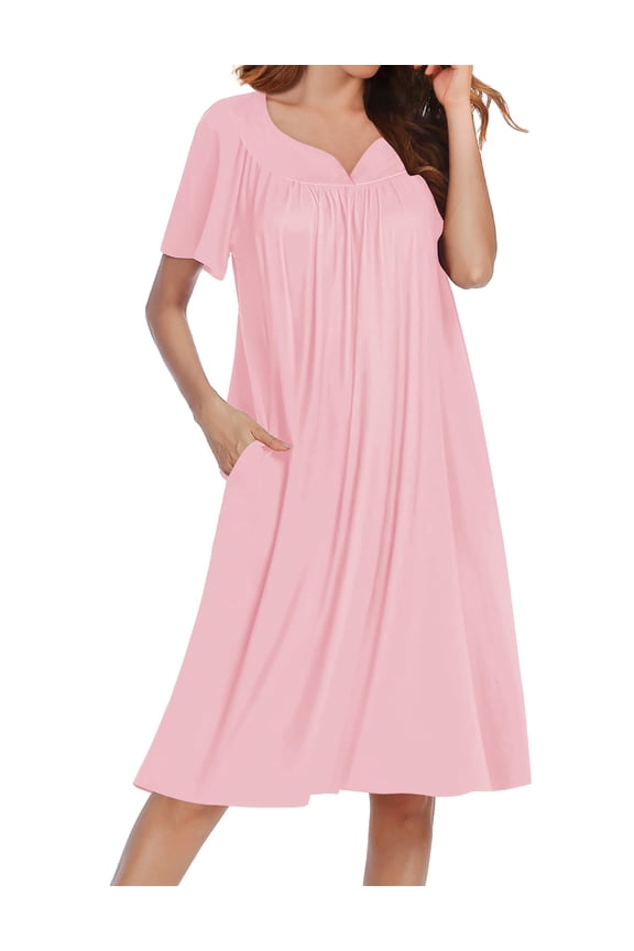 Nightgowns for Women Short Sleeve House Dress with Pockets Soft Moomoo Pleated Mumu Dresses V Neck Sleepwear