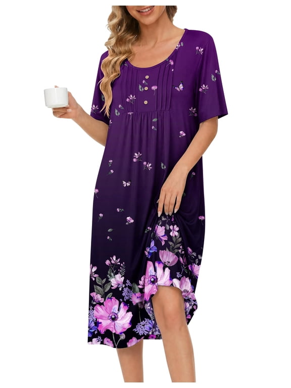 Nightgowns for Women Short Sleeve House Dresses with Pockets Pleated Moo moos Floral Print Mumu Dress