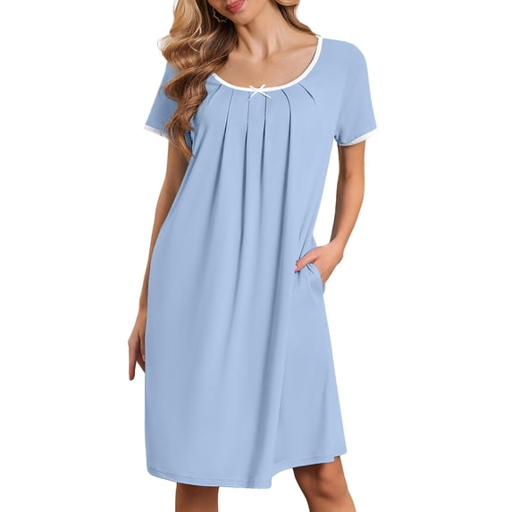 Ekouaer Nightgowns for Women Short Sleeve Moo Moos Ladies House Dress with Pockets Pleated Sleepshirts Soft Sleepwear