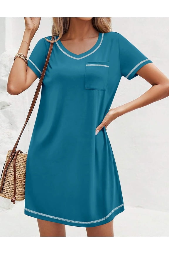 Nightgowns for Women Short Sleeve Sleep Shirts V Neck Nightshirts Soft Sleepshirt Caual T Shirt Sleepdress Blue Green S