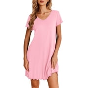 Ekouaer Nightgowns for Women Short Sleeve Sleepshirt V Neck Short Nightshirt Pullover Soft Ruffled Sleepwear