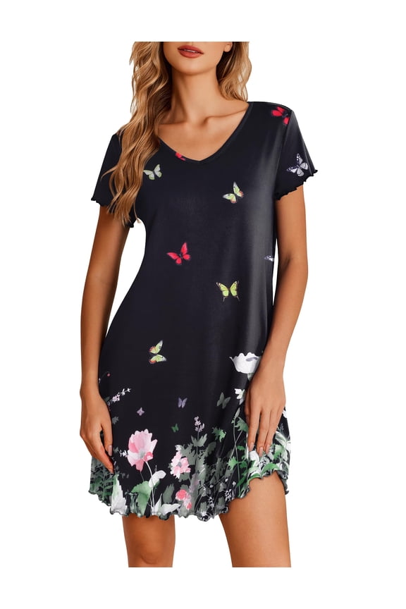 Nightgowns for Women Short Sleeve Sleepshirt V Neck Short Nightshirt Pullover Soft Ruffled Sleepwear