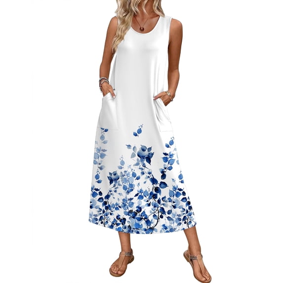 Ekouaer Nightgowns for Women Sleeveless Sleepshirt Long Print House Dress Tank Nightshirt Maxi Casual Dress with Pockets