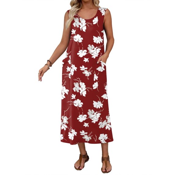 Ekouaer Nightgowns for Women Sleeveless Sleepshirt Long Print House Dress Tank Nightshirt Maxi Casual Dress with Pockets