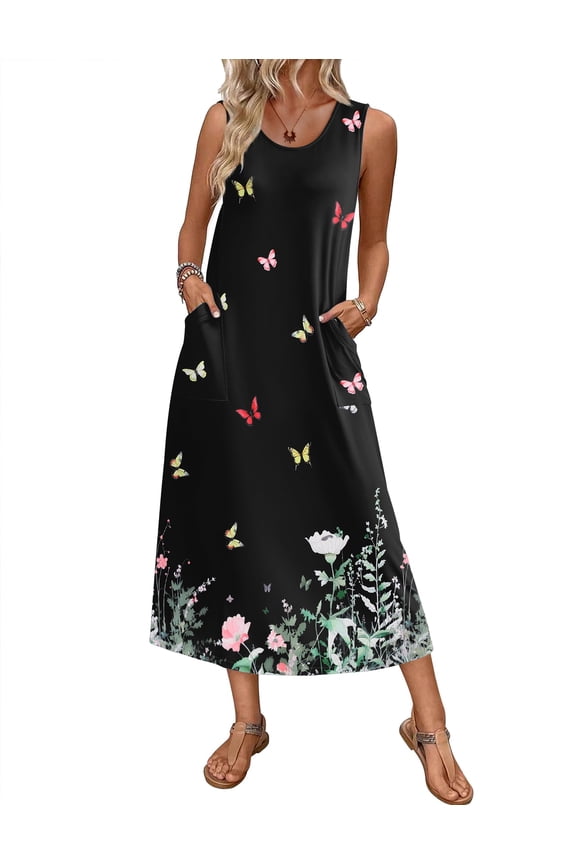 Nightgowns for Women Sleeveless Sleepshirt Long Print House Dress Tank Nightshirt Maxi Casual Dress with Pockets