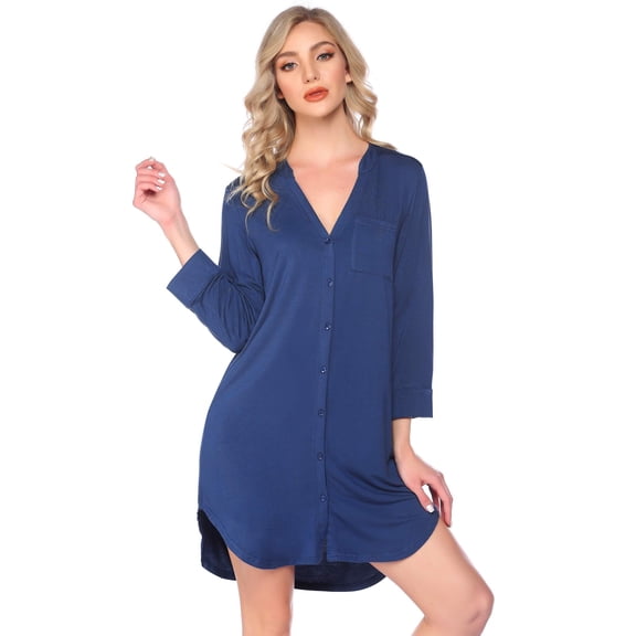 Ekouaer Nightgowns for Women V Neck Button Down Nightshirt 3/4 Sleeves Nursing Nightgown Soft Sleep Dress Blue XXL