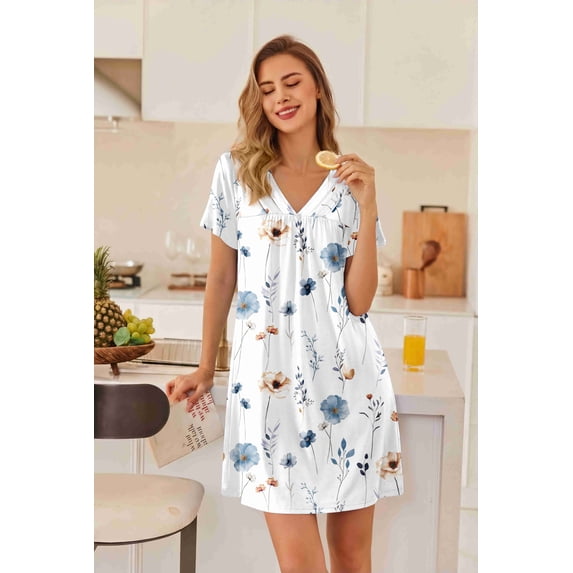 Ekouaer Nightgowns for Women V Neck Sleepshirt Short Sleeve Nightdress Lace Trim Night Gown House Dress with Pockets