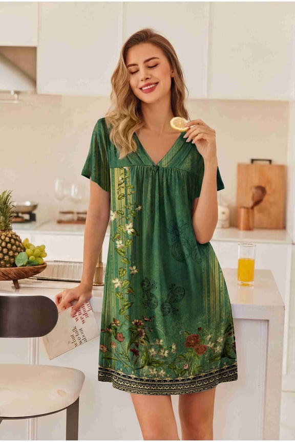 Nightgowns for Women V Neck Sleepshirt Short Sleeve Nightdress Lace Trim Night Gown House Dress with Pockets