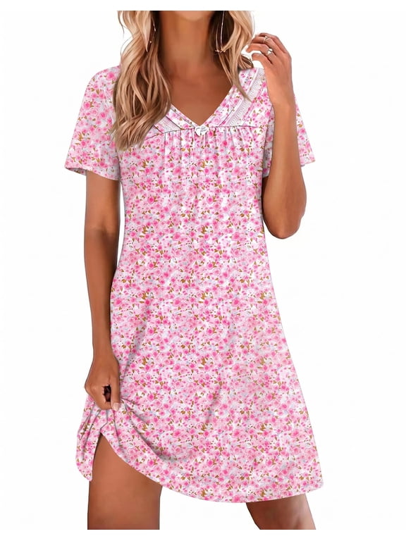 Nightgowns for Women V Neck Sleepshirt Short Sleeve Nightdress Lace Trim Night Gown House Dress with Pockets