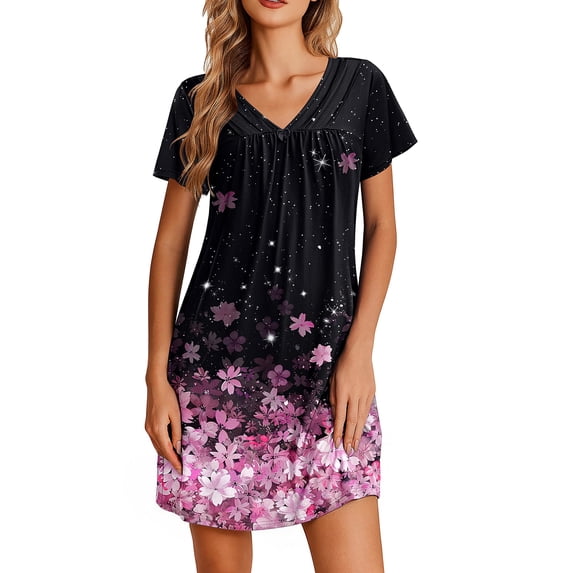 Ekouaer Nightgowns for Women V Neck Sleepshirt Short Sleeve Nightdress Lace Trim Night Gown House Dress with Pockets